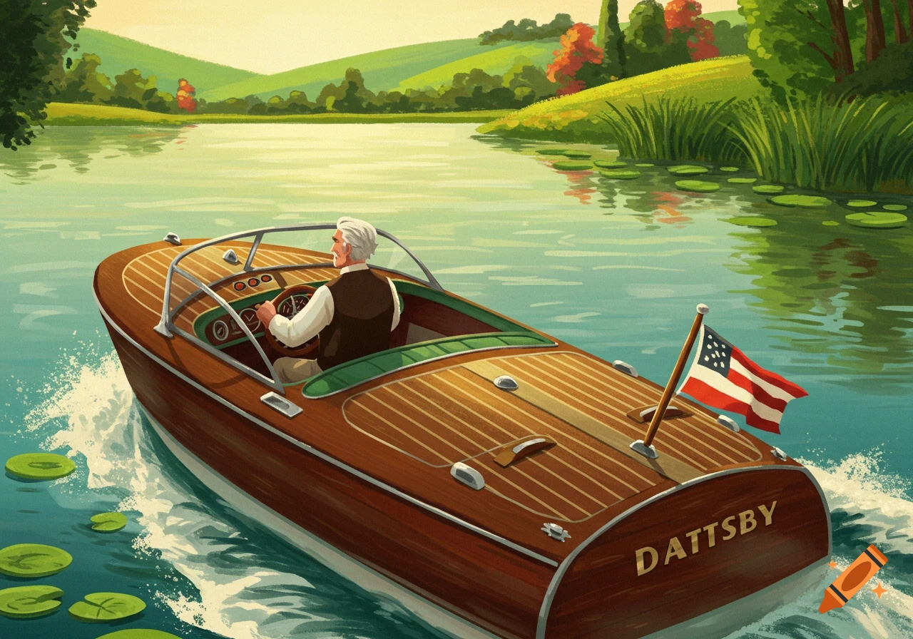Illustrative painting of an elderly man driving a vintage wooden boat on a lake.