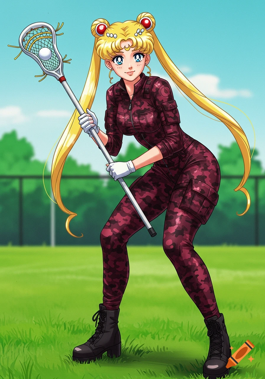 Anime style character resembling Sailor Moon in a burgundy camo jumpsuit holding a lacrosse stick on a field.