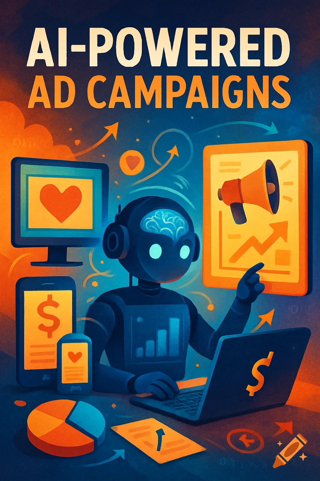 Illustration of an AI robot working on a laptop surrounded by digital marketing icons and text 'AI-POWERED AD CAMPAIGNS'.