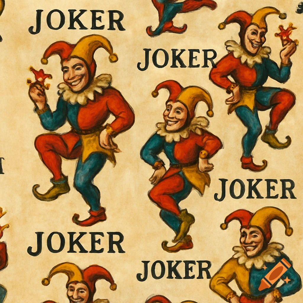 A seamless pattern featuring stylized jesters and the word JOKER.