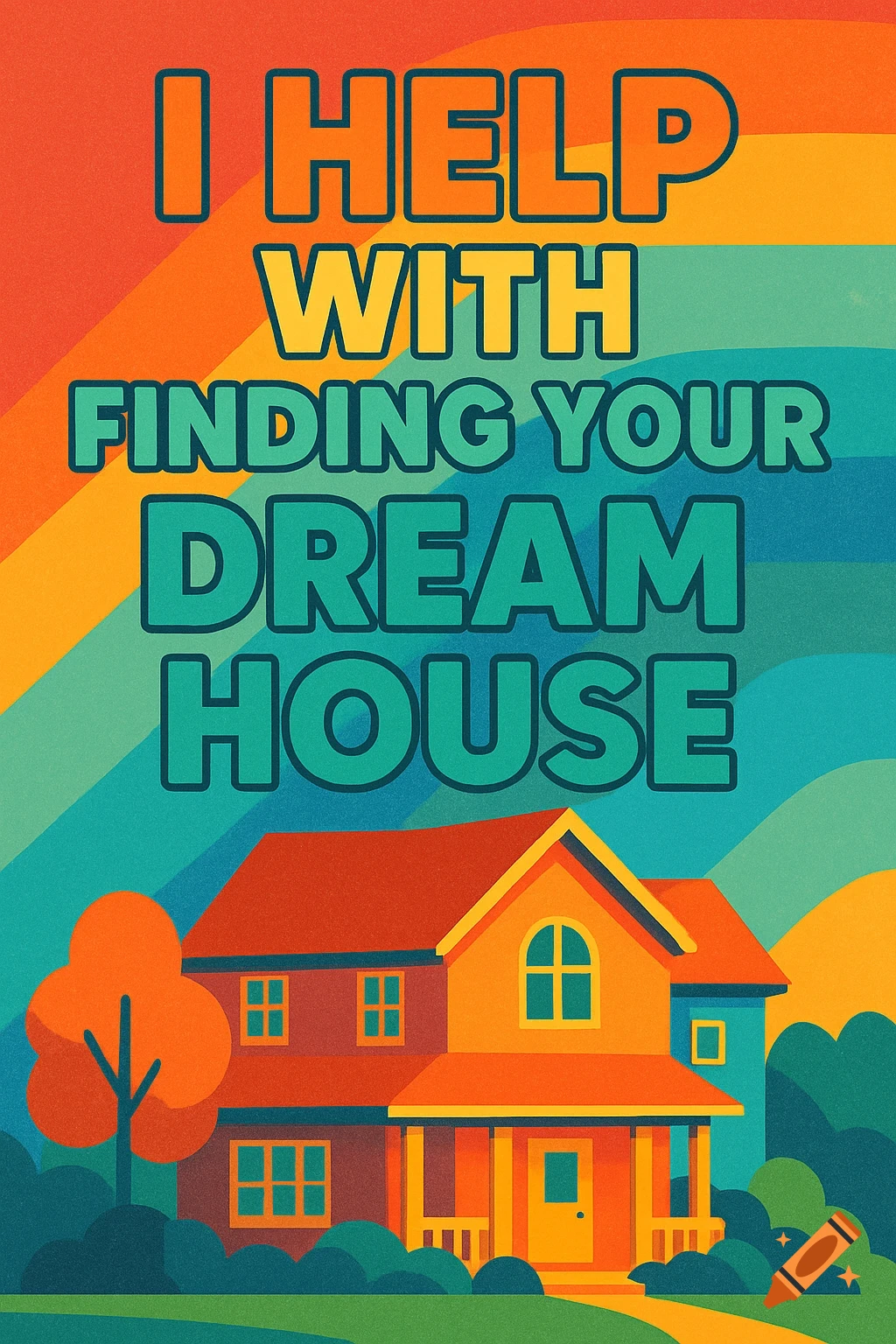 Colorful retro-style poster with the text "I HELP WITH FINDING YOUR DREAM HOUSE" above an illustration of a house.