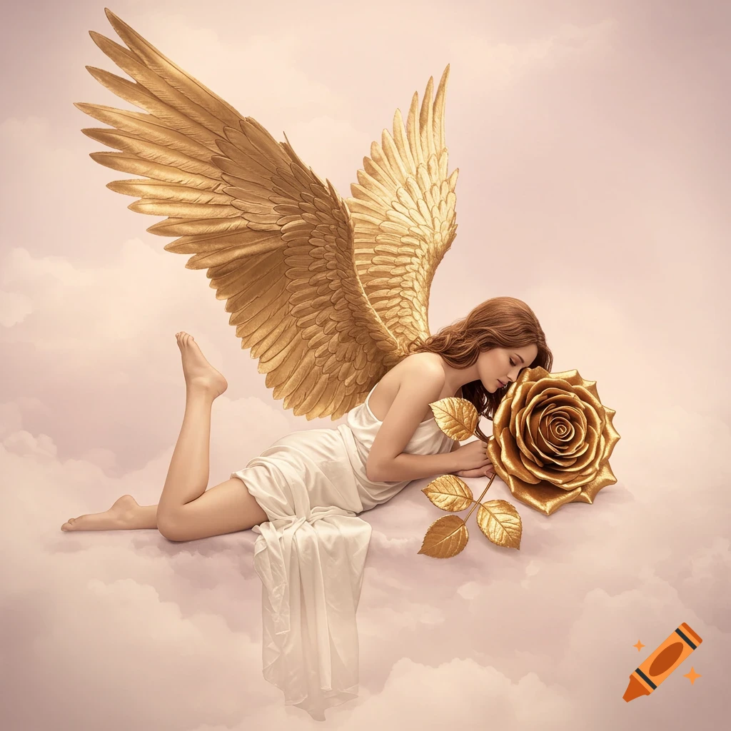 Angel with golden wings laying on a cloud, holding a golden rose