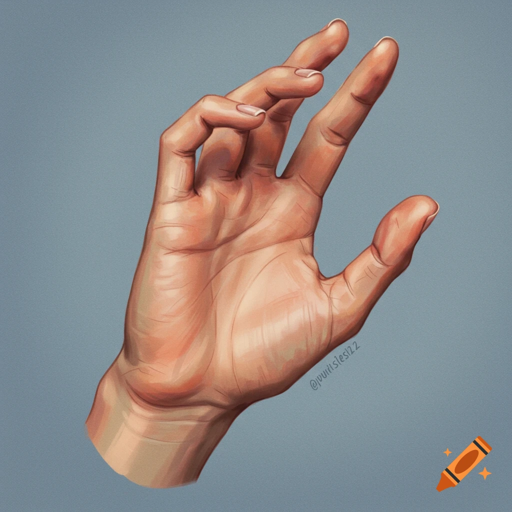 Digital painting of an outstretched hand against a gray background.