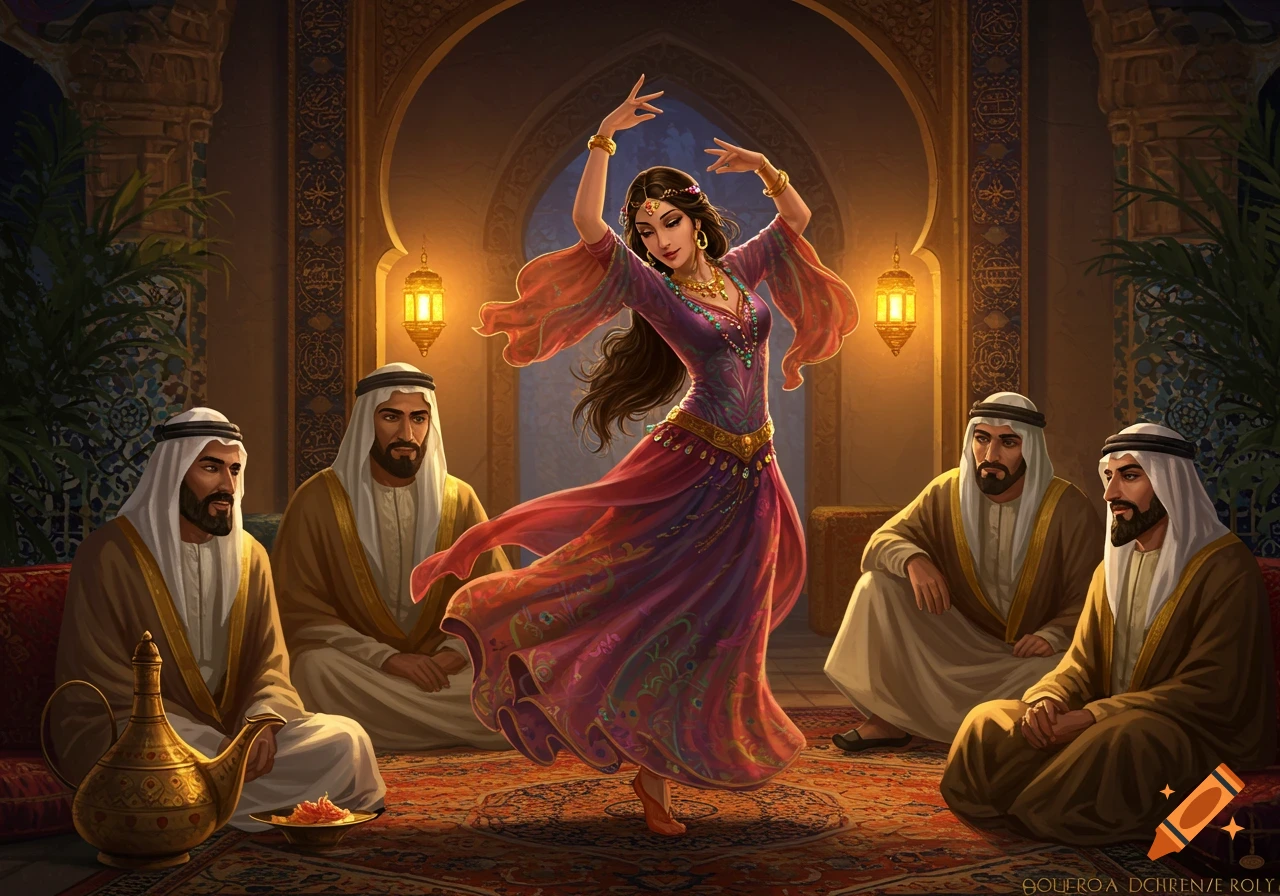A woman in flowing traditional attire dances before four men seated in an ornate room with lamps and patterned carpets.
