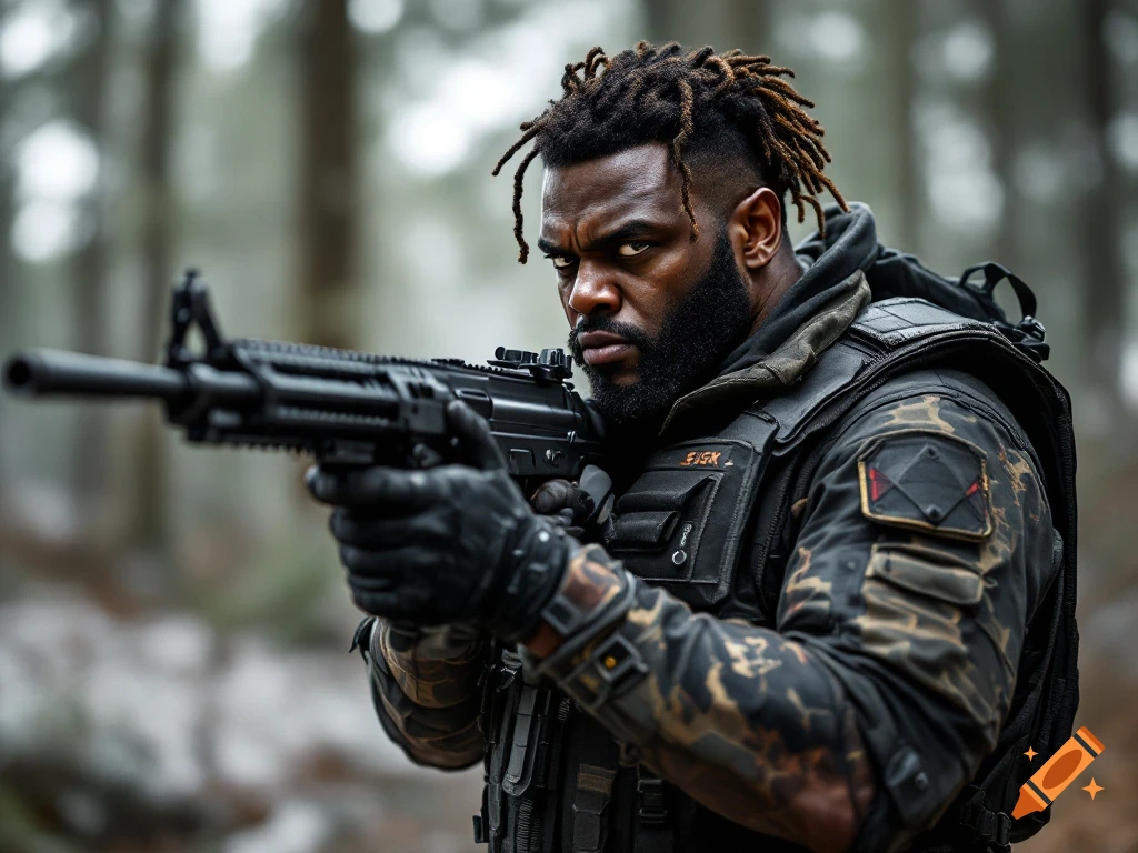 A man in tactical gear holds a rifle in a forest.