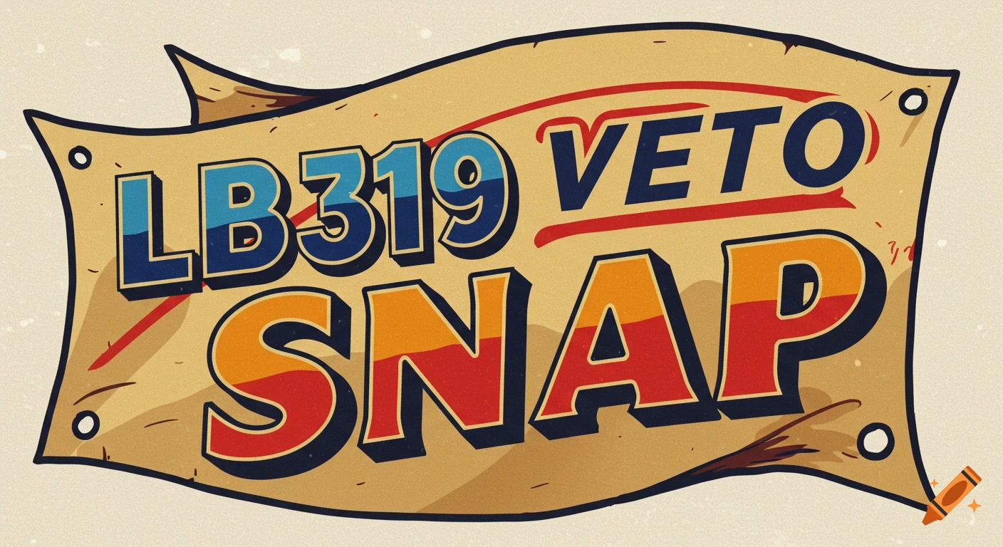 A banner with the text LB319 VETO above SNAP in a colorful, bold graphic style.
