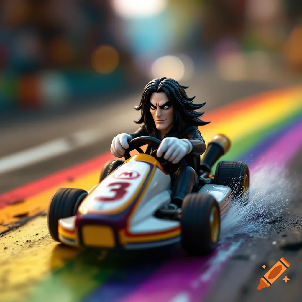 A miniature figure resembling Severus Snape drives a Mario Kart on Rainbow Road.