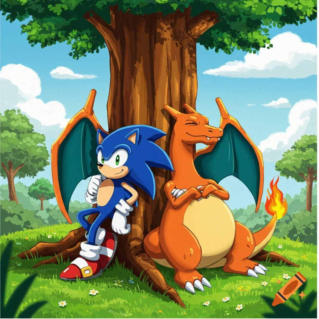 Sonic the Hedgehog and Charizard relaxing under a tree