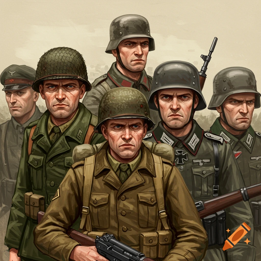 A group of soldiers in World War II era uniforms.