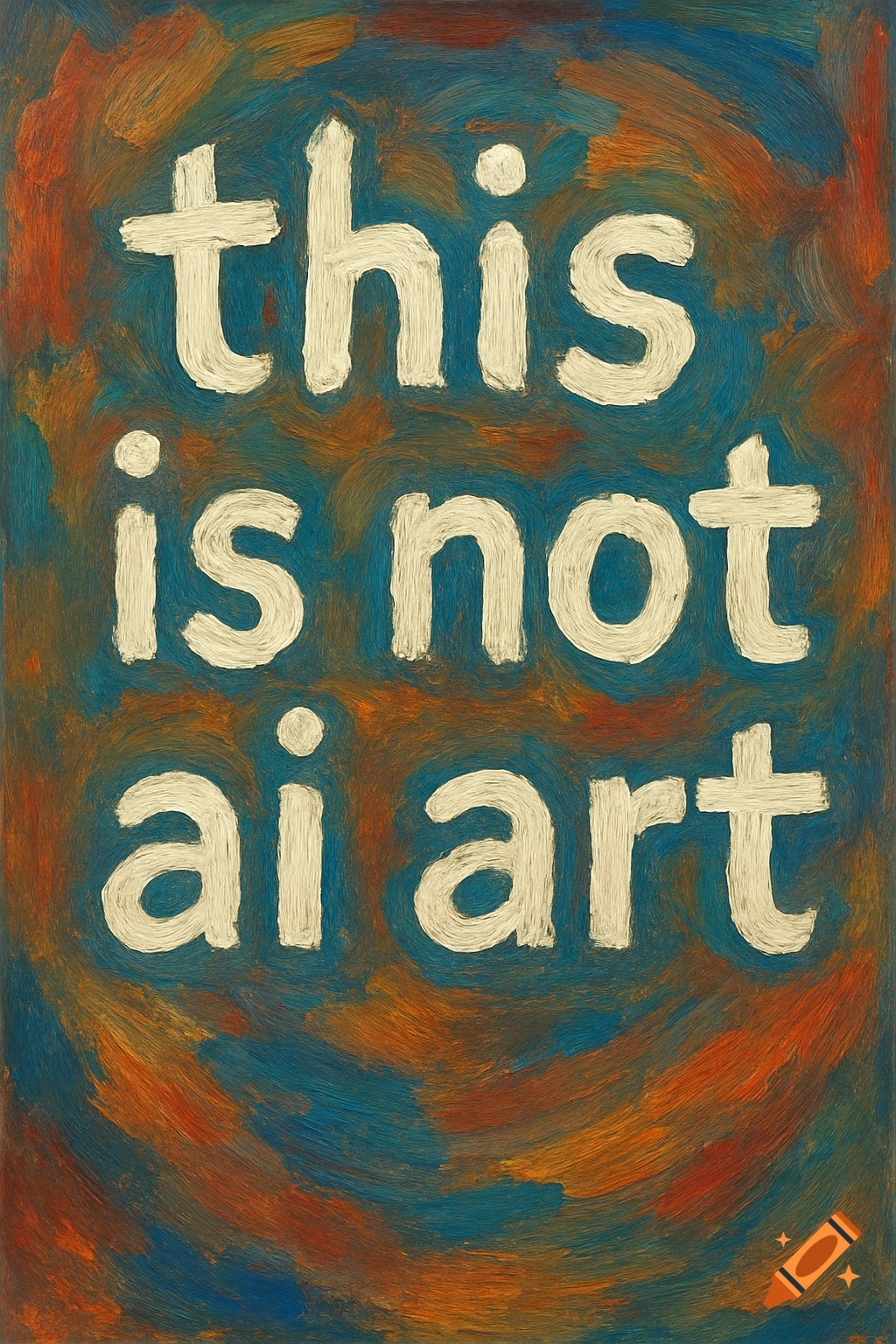 Text reading 'this is not ai art' on a painterly blue and orange background.