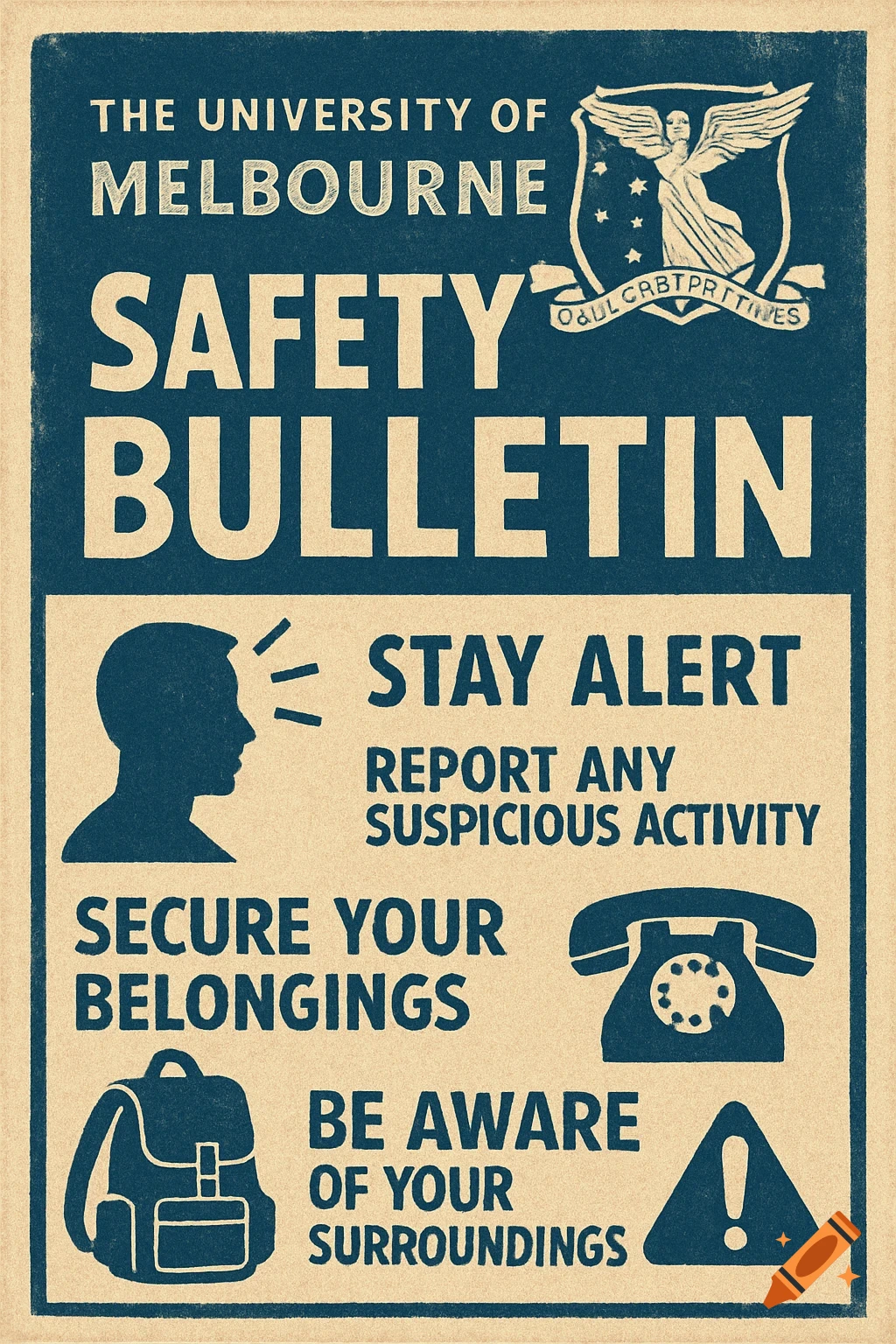 Vintage University of Melbourne safety bulletin poster with text and illustrations.