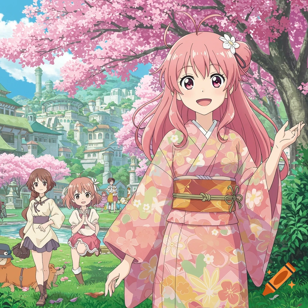 Anime girl in kimono with other characters in a park with cherry blossoms and a town in the background.