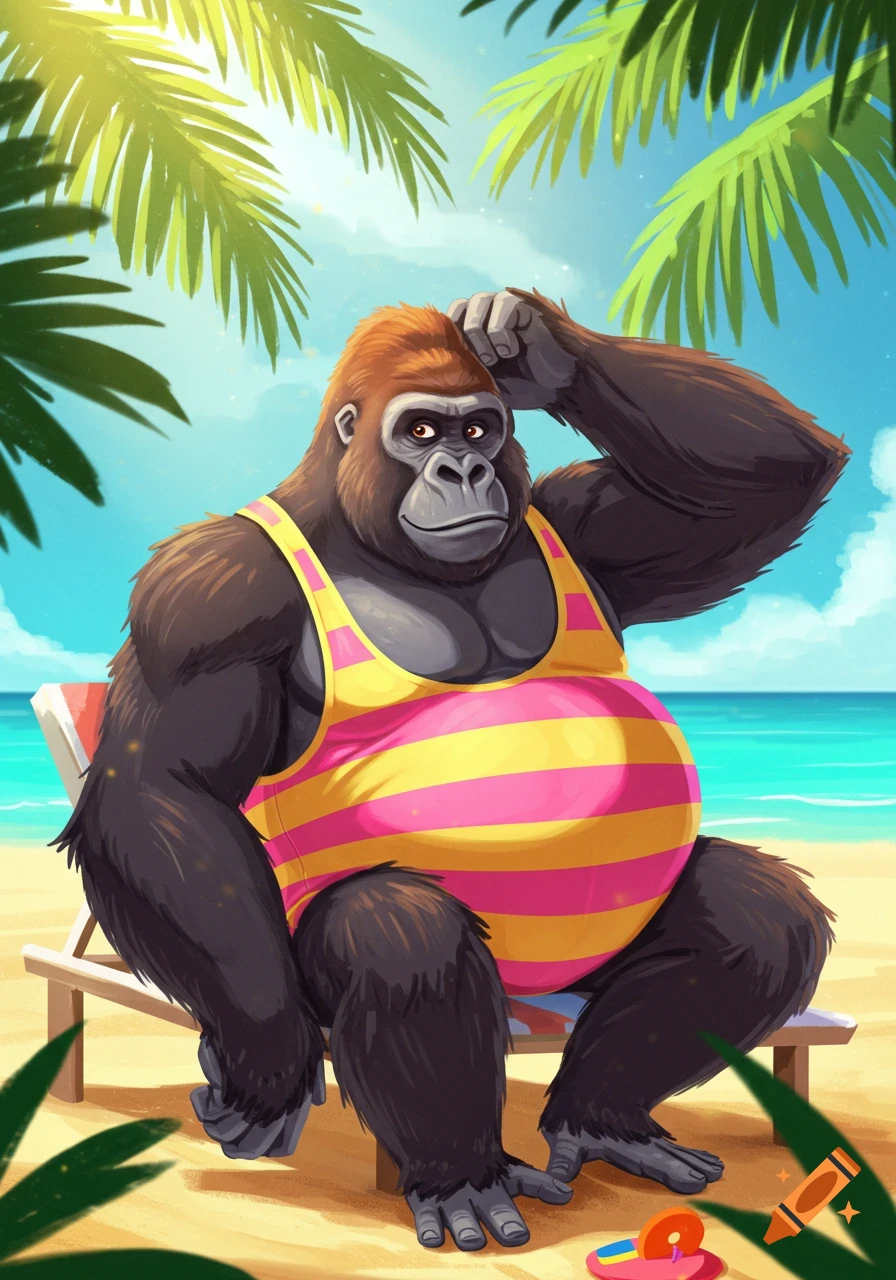 Cartoon gorilla wearing a swimsuit sits on a beach chair