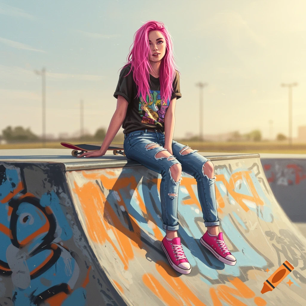 Teen with pink hair sitting on a graffiti-covered skateboard ramp with a skateboard next to her, digital art style.