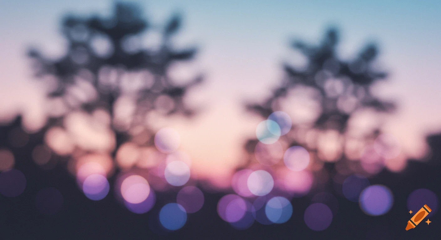 Blurred trees and colorful bokeh lights against a sunset sky.