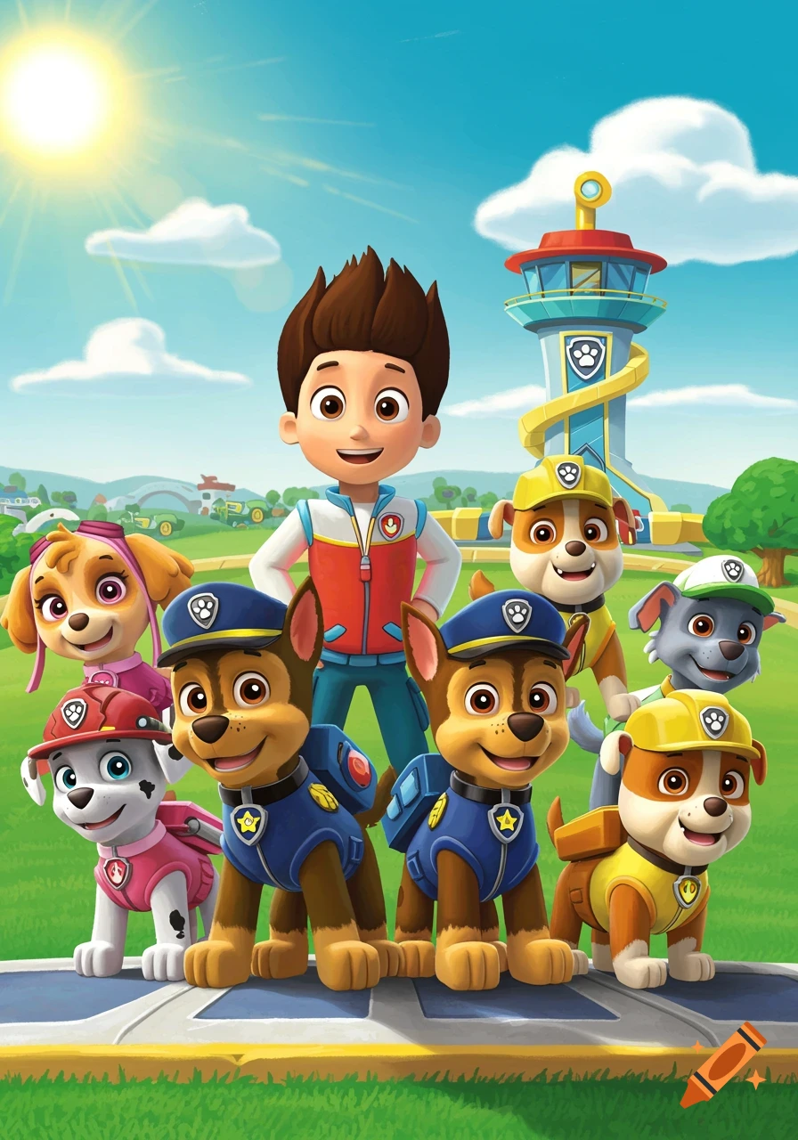 Ryder and the Paw Patrol pups Chase, Marshall, Skye, Rubble, Rocky, and Zuma standing in front of the Lookout tower.