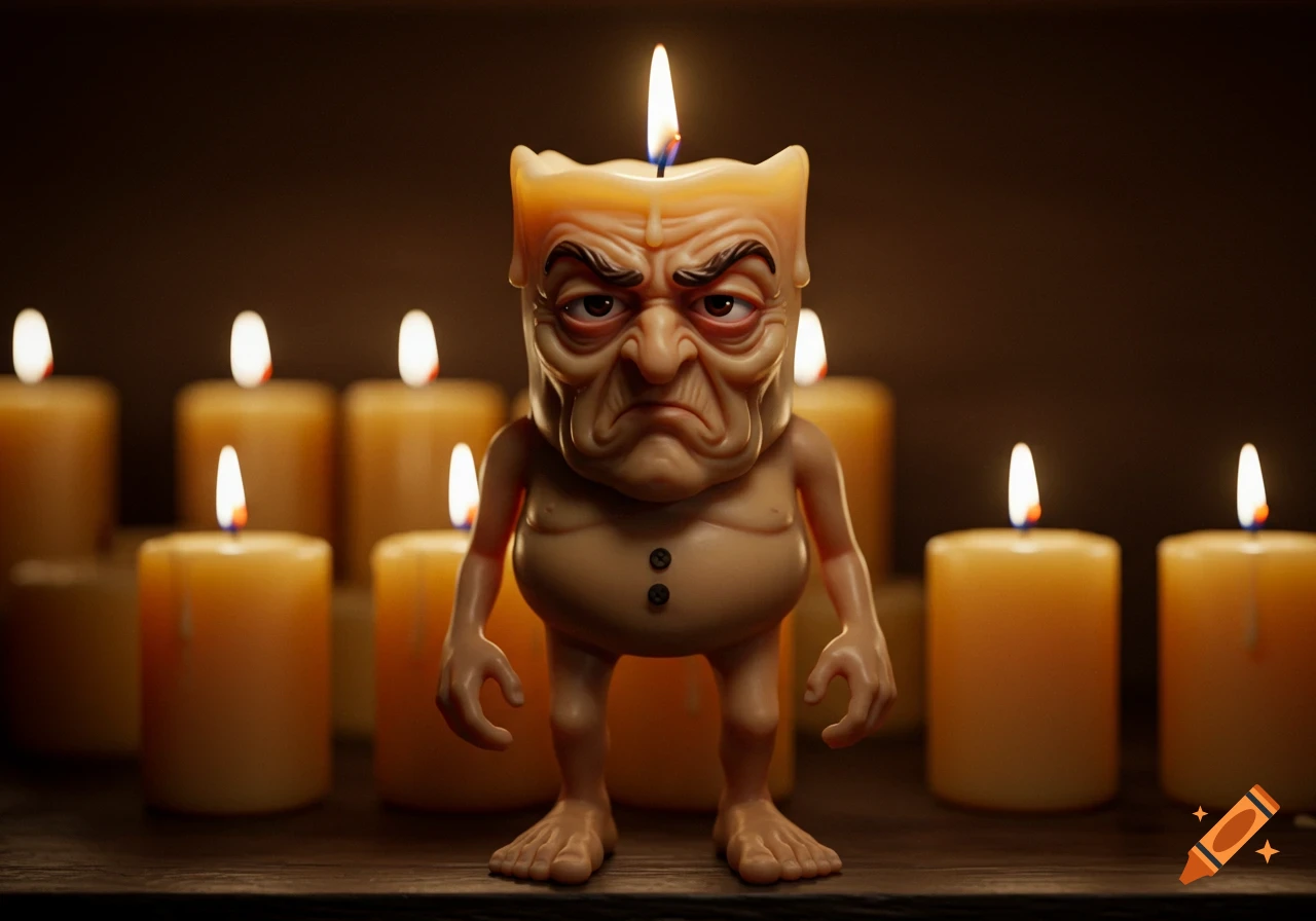 A figure made of wax with a wrinkled face and human feet stands among burning candles.