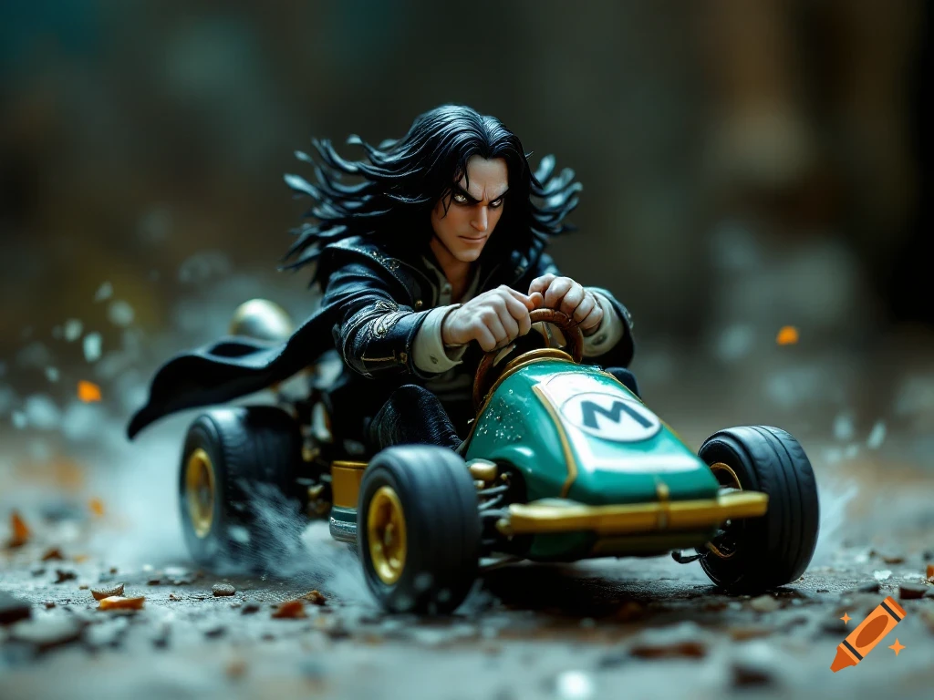 Vintage miniature model of Severus Snape driving a Mario Kart with broken potions.