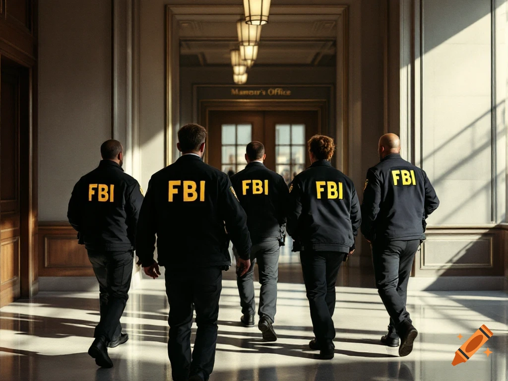 A group of FBI agents walking away from the camera down a hallway towards a door marked "Mayor's Office". Photorealistic.