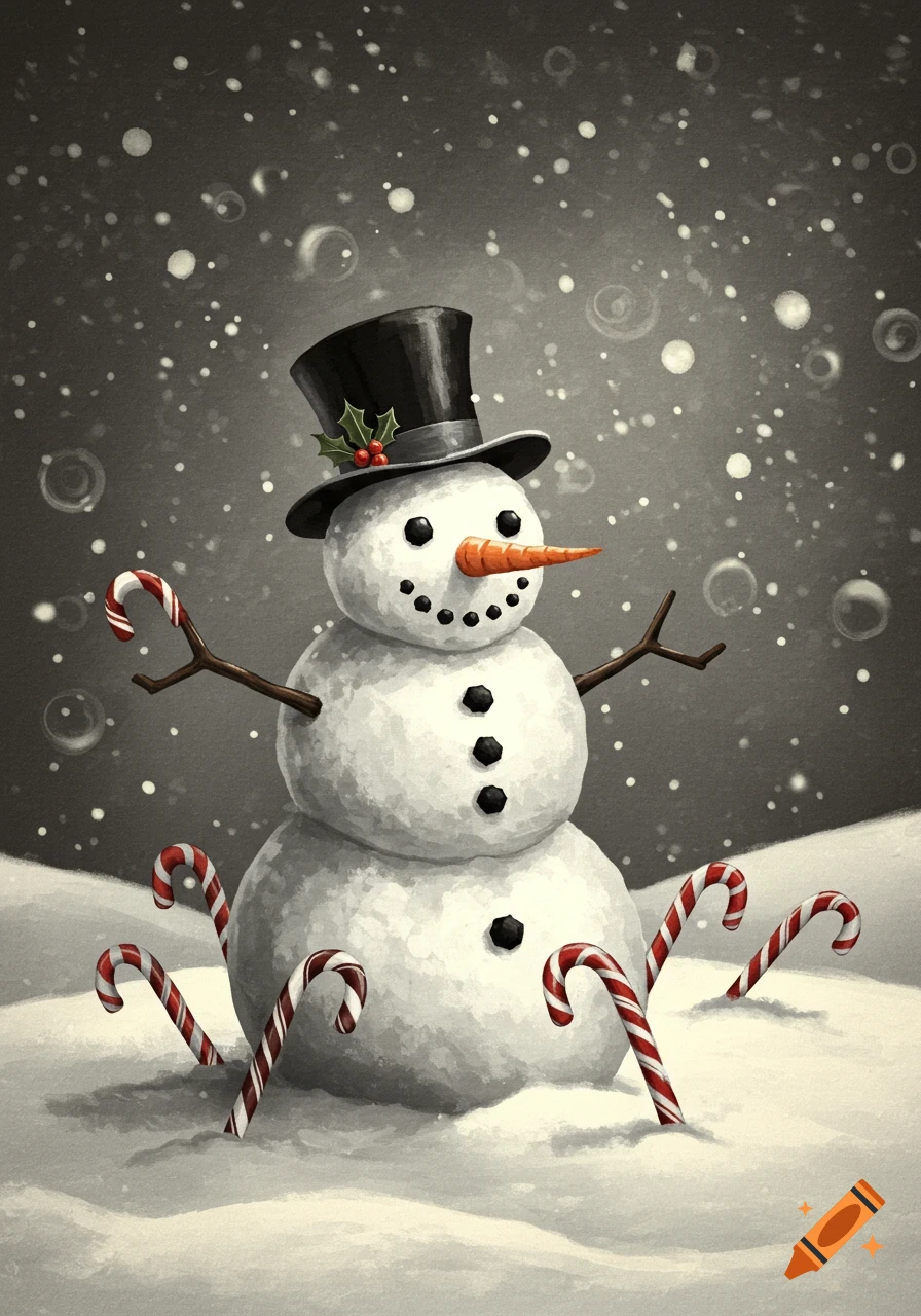 Vintage style illustration of a snowman with a top hat and candy canes in falling snow.