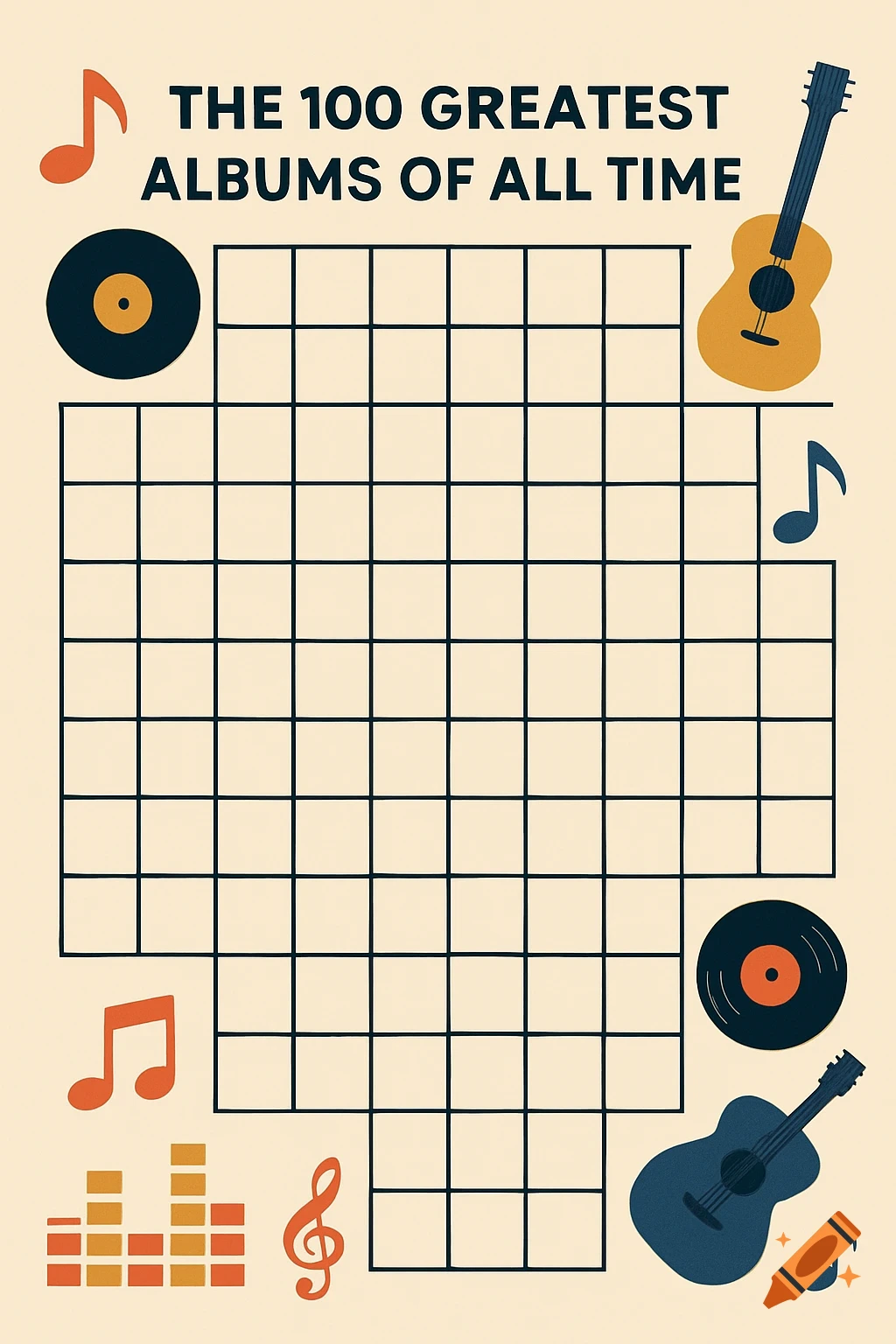 Illustration of a music chart grid for albums, decorated with records, guitars, and musical notes.