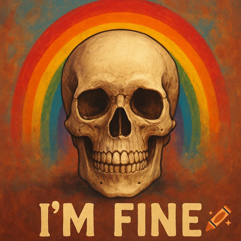 An illustration of a skull with a rainbow arching behind it and the text "I'M FINE" below.