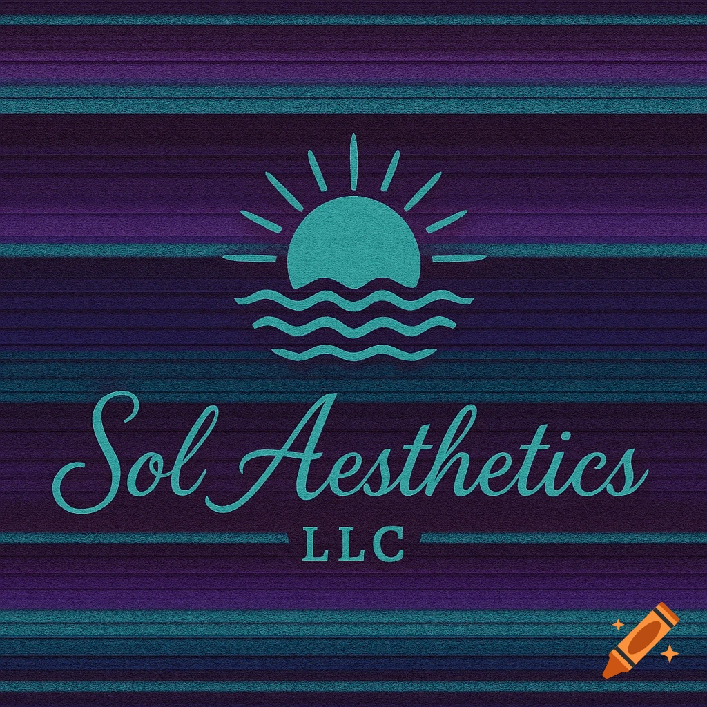 Logo with teal sun and waves over a dark purple and teal striped background, reading Sol Aesthetics LLC.