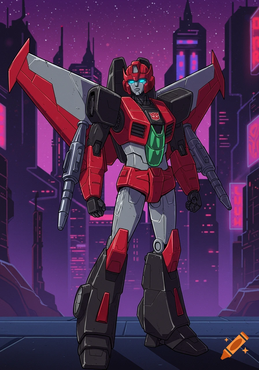 Cartoon of Windblade from Transformers standing in a futuristic city.