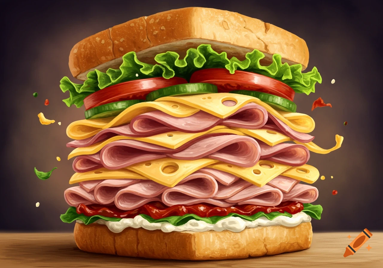 A tall, layered sandwich packed with ham, cheese, and vegetables.