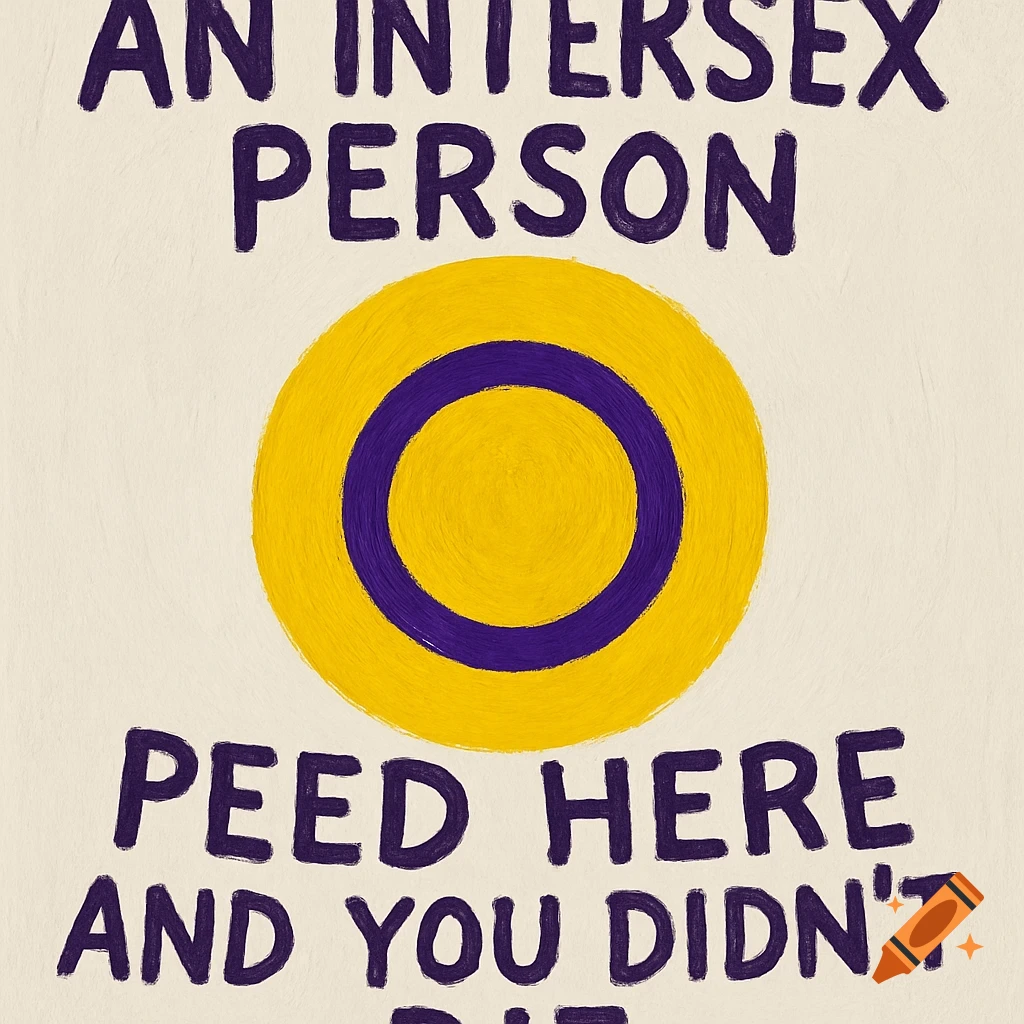 Illustration of the Intersex flag symbol with text saying 'An Intersex person peed here and you didn't die'.