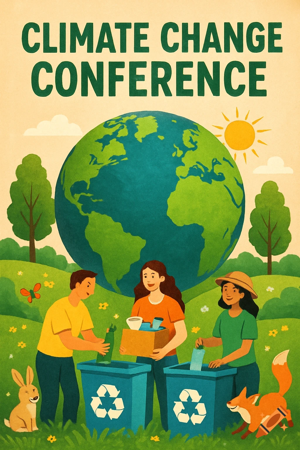 Climate change conference poster illustration with people recycling, globe, trees, and animals.