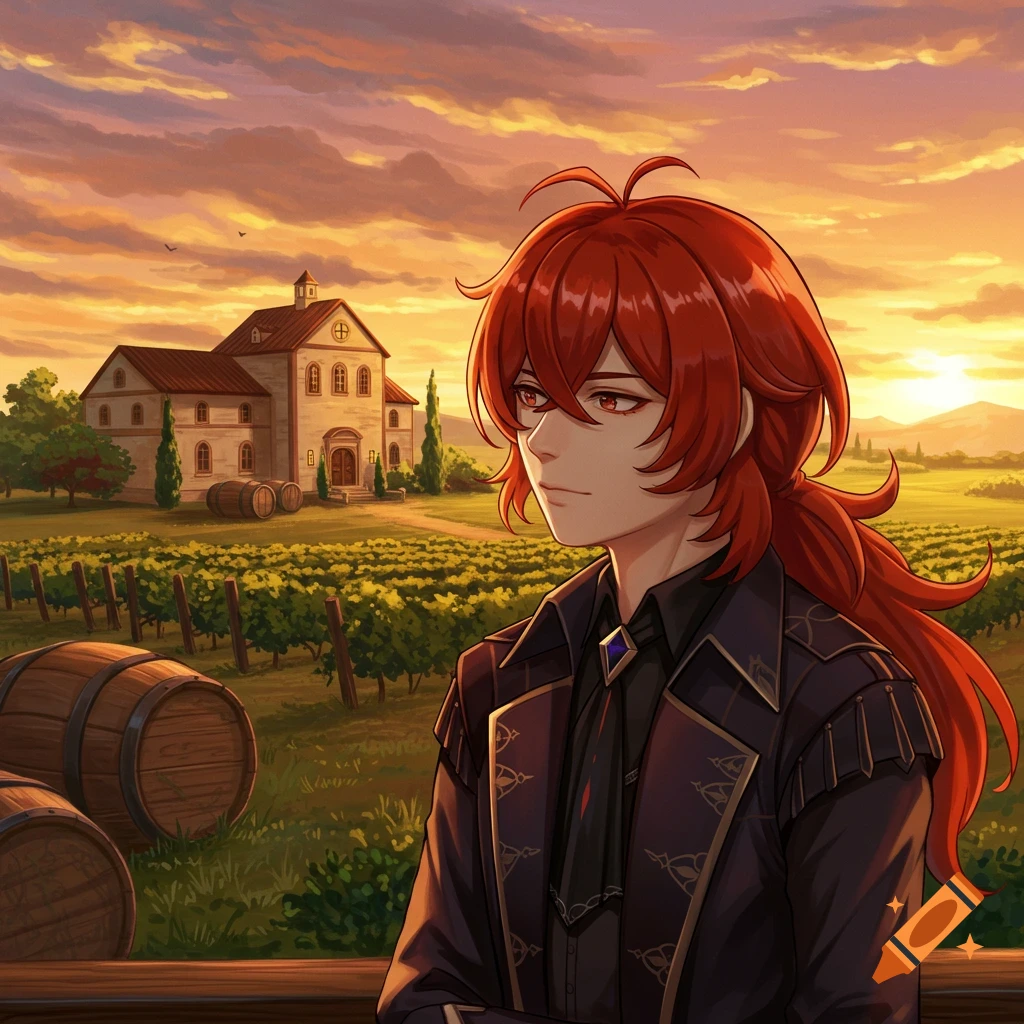 Anime character Diluc overlooking a vineyard and building at sunset, digital art