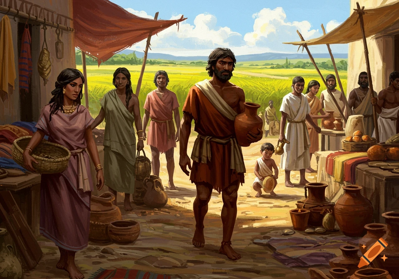 An illustration of an ancient marketplace scene with people buying and selling goods.