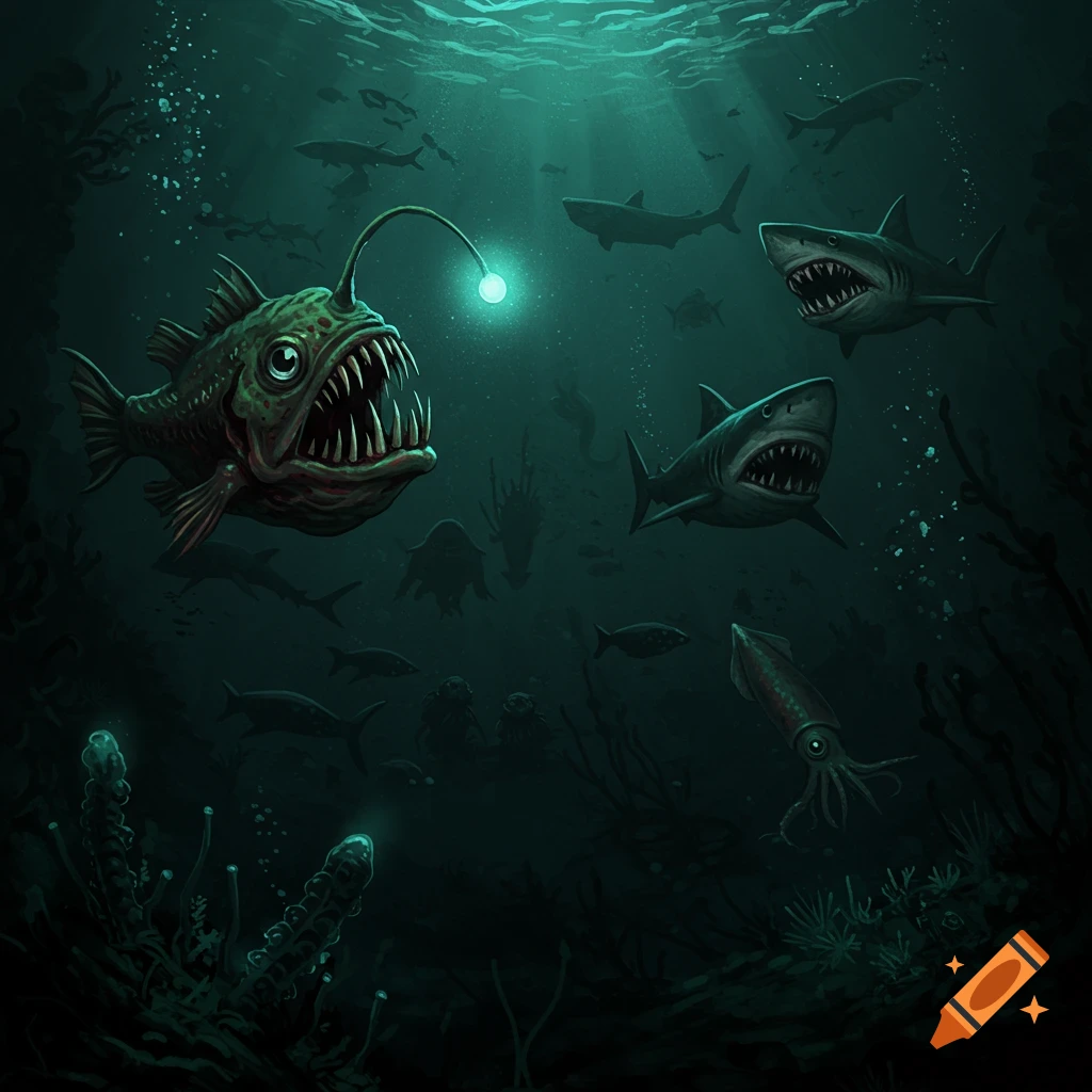 Anglerfish, sharks, and other creatures in a dark deep-sea scene.