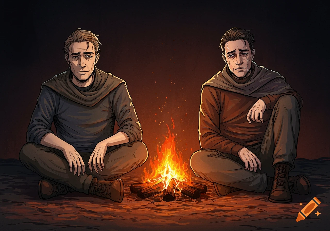 Two men sit by a campfire in an illustration style. One man looks sad.