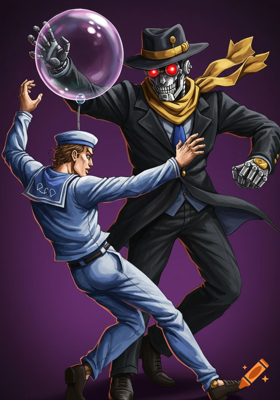 Robot man in suit fights sailor holding a bubble in anime style.