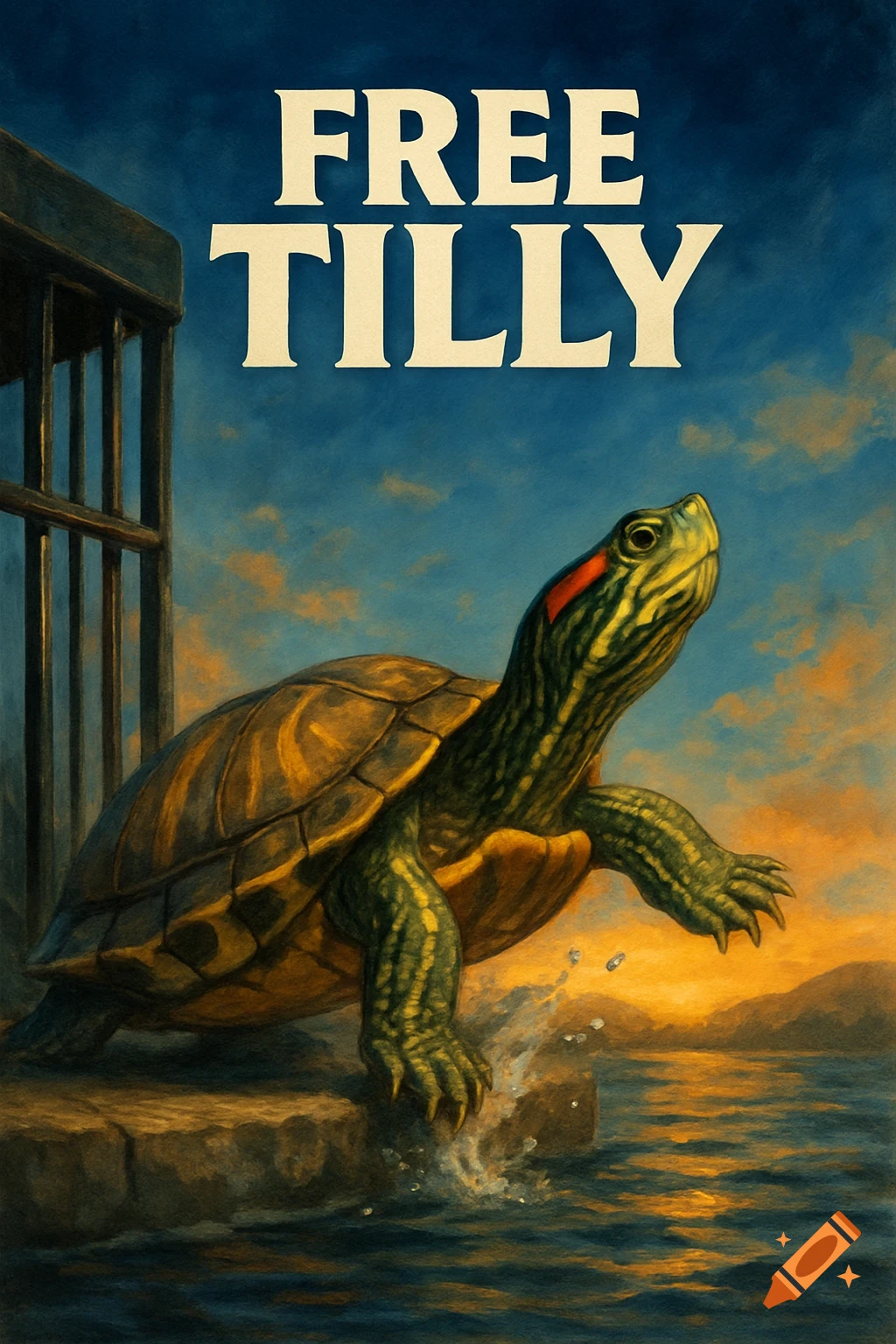 Painting of a turtle on a rock by the water with the words 'FREE TILLY' above.