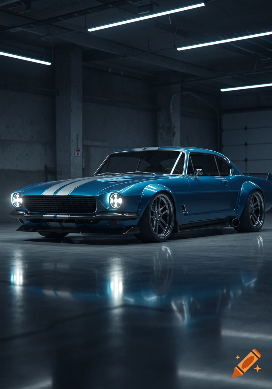 A blue classic sports car with white racing stripes is parked in a concrete garage under fluorescent lights.