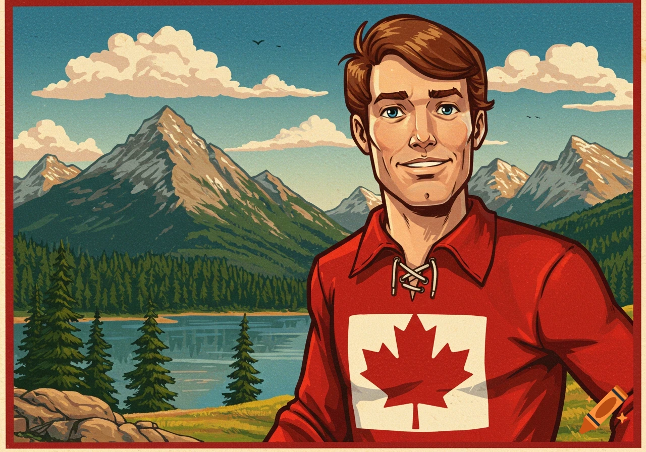 Retro illustration of Johnny Canuck in a Canadian landscape
