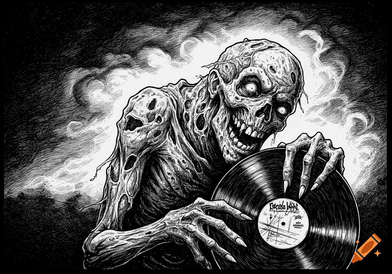 Black and white pen illustration of an evil zombie holding a vinyl record in a spooky, cloudy setting.