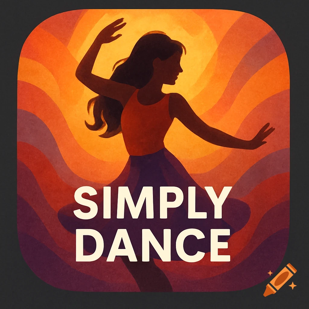 Silhouette of a dancing woman against a sunset background, with the text 'Simply Dance' overlaid.