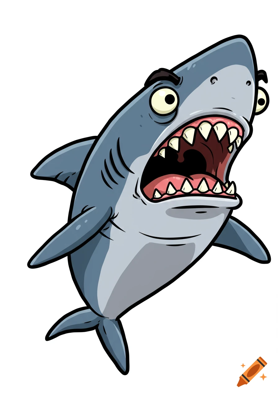 A cartoon shark with a surprised or disgusted expression, mouth wide open showing many teeth, against a white background.