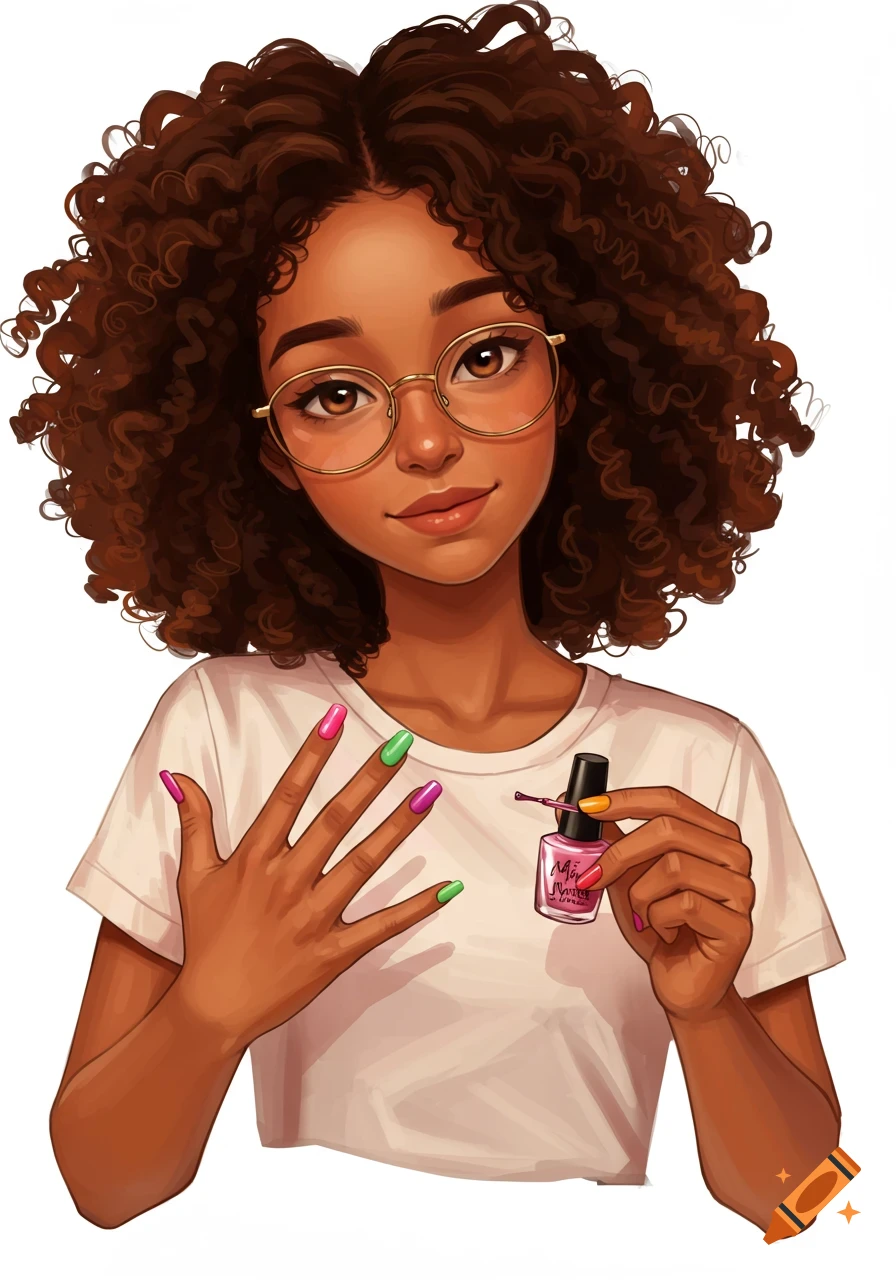 A stylized illustration of a young woman with curly hair and glasses painting her fingernails different colors.