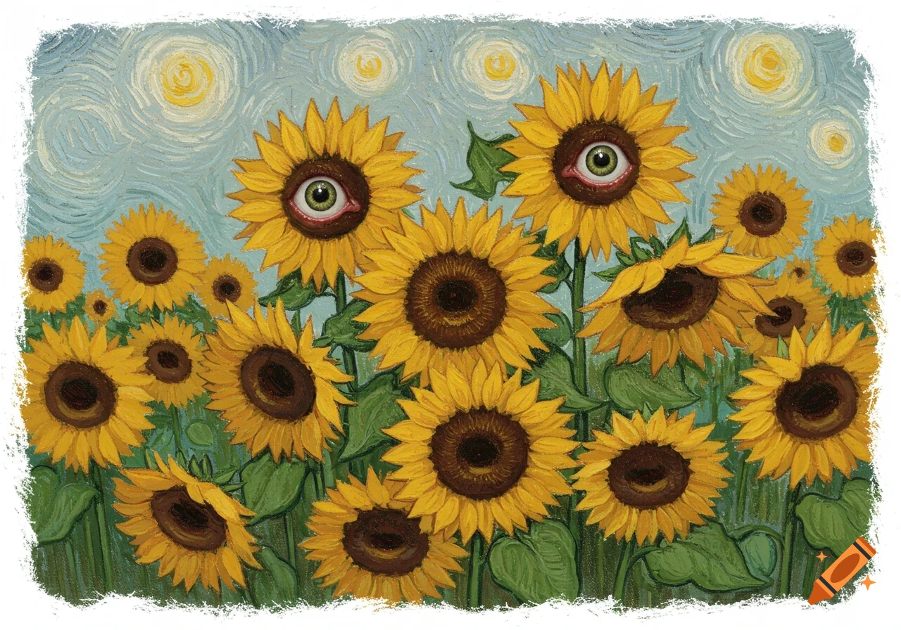 Van Gogh style painting of sunflowers with realistic eyes in their centers