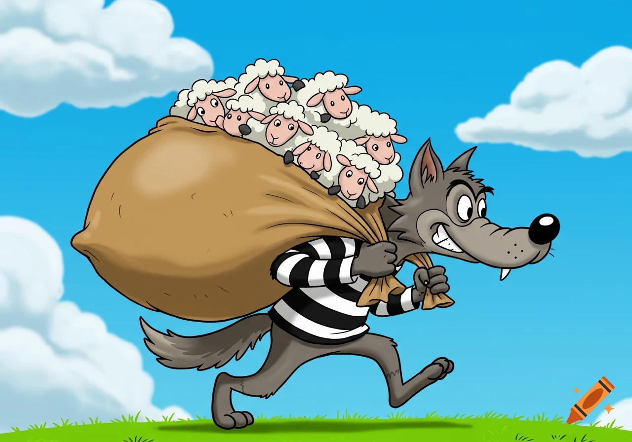 Cartoon wolf in striped shirt runs while carrying sack full of sheep.