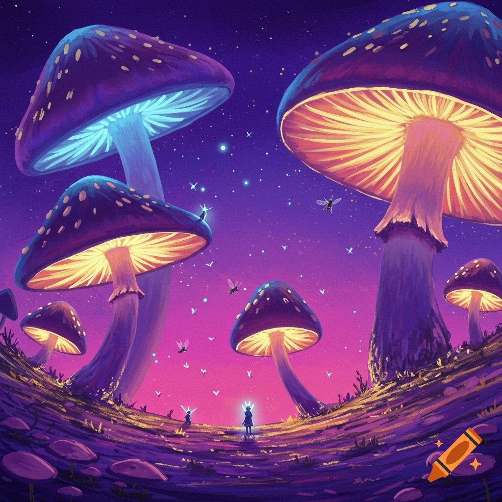 Fantastical landscape with giant glowing mushrooms and small figures under a starry sky