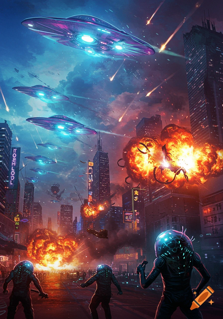 Alien invasion of a city with UFOs, explosions, and aliens in the foreground.