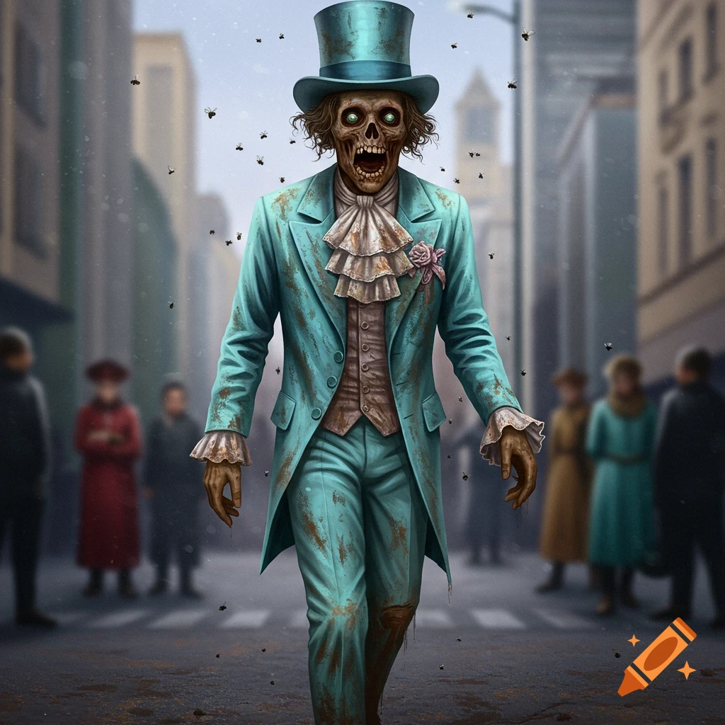 An undead man in a blue suit and top hat walks through a city street with flies around him.