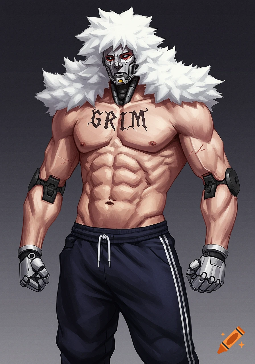 Anime style portrait of a muscular cyborg character with white hair and robotic features, wearing sweatpants.
