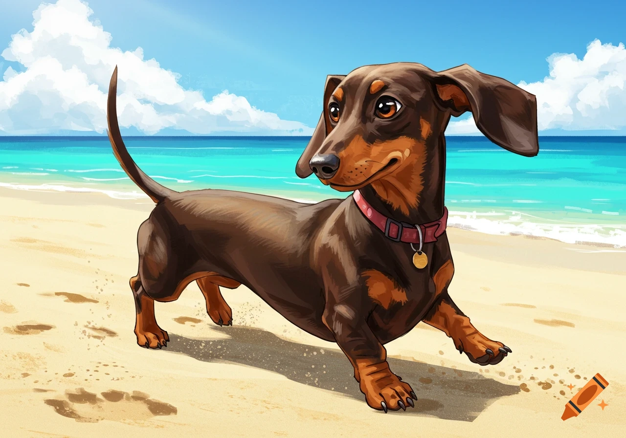 A dachshund runs on a sandy beach with waves and clouds under a blue sky, illustration.